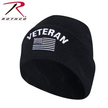 Veteran With US Flag Fine Knit Watch Cap - Black