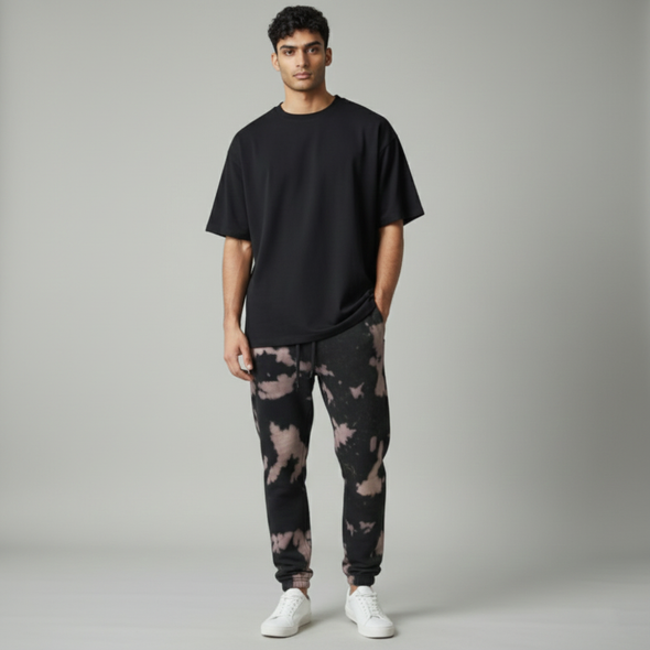Fleece Bleach Wash Sweatpants Joggers Anubis Black and Grey Tie-Dye 531 875BW