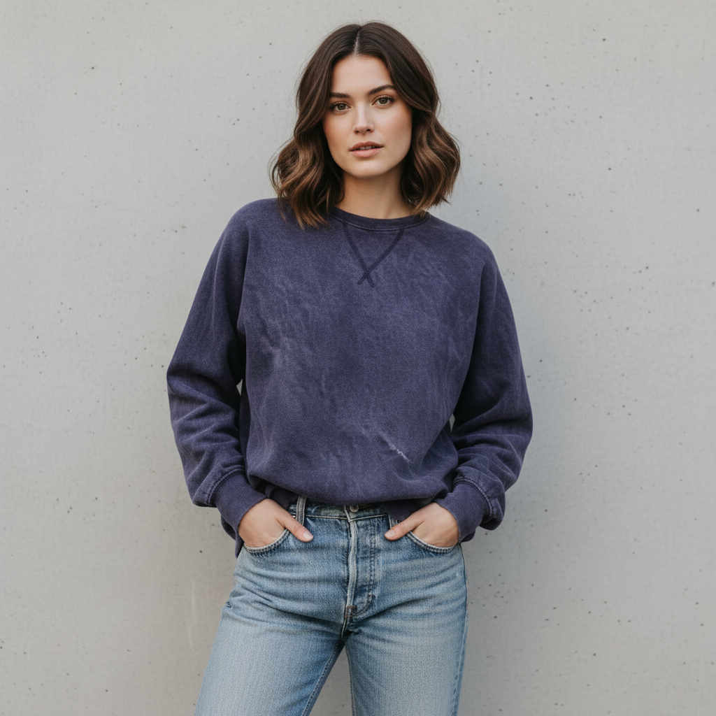 Fleece V-Stitch Crewneck Sweatshirt Aubergine Purple Mineral Wash