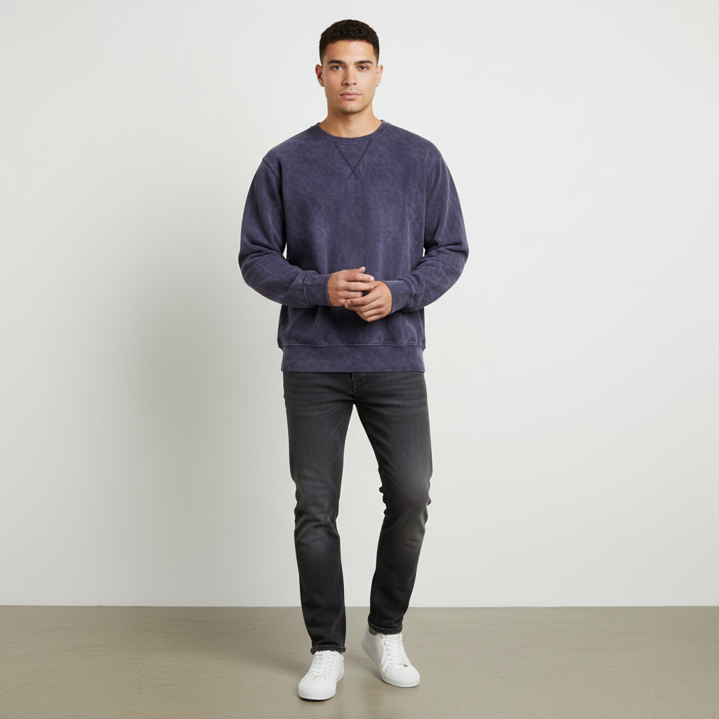 Fleece V-Stitch Crewneck Sweatshirt Aubergine Purple Mineral Wash