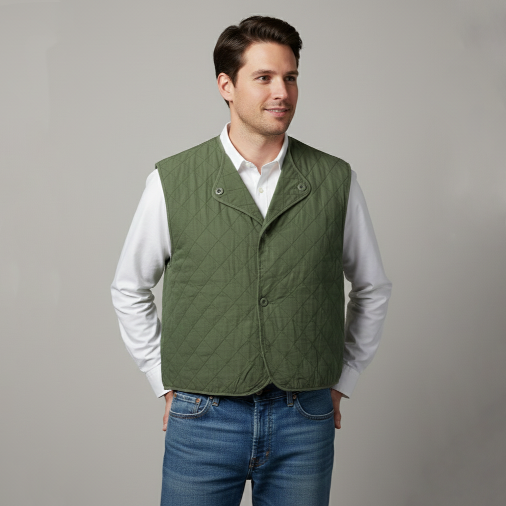 Vintage 1950s Belgian Quilted Cotton Vest / Olive Drab