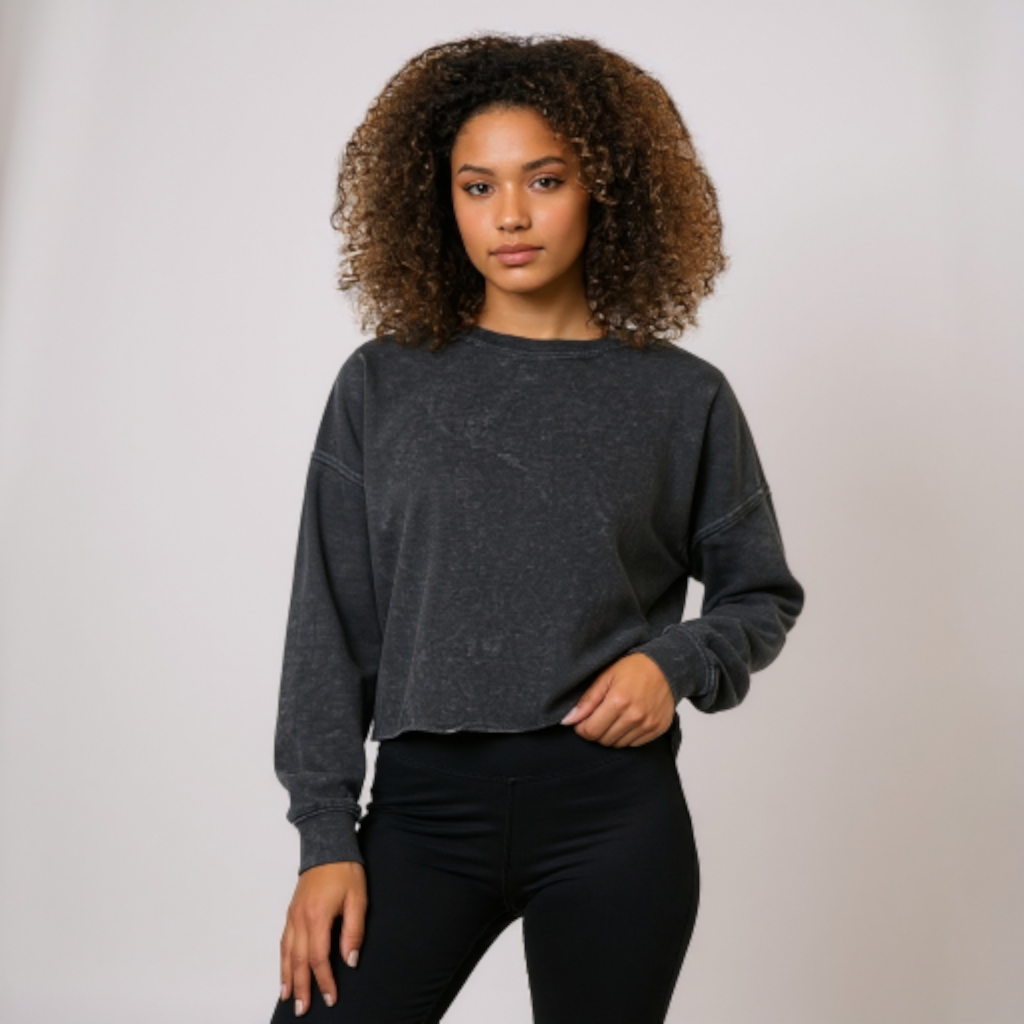 Fleece Cropped Raw Hem Crewneck Sweatshirt Black Mineral Wash *Limited*