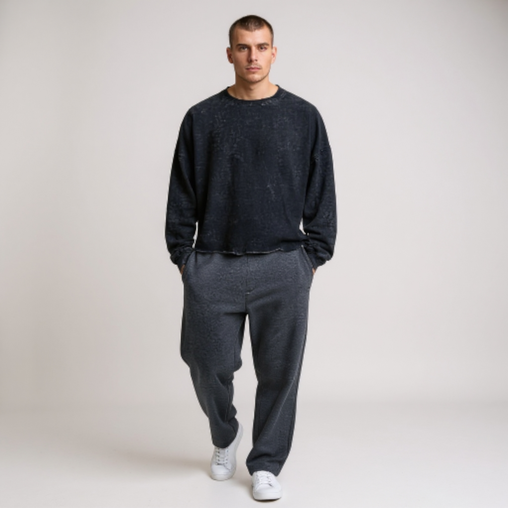 Fleece Cropped Raw Hem Crewneck Sweatshirt Black Mineral Wash *Limited*