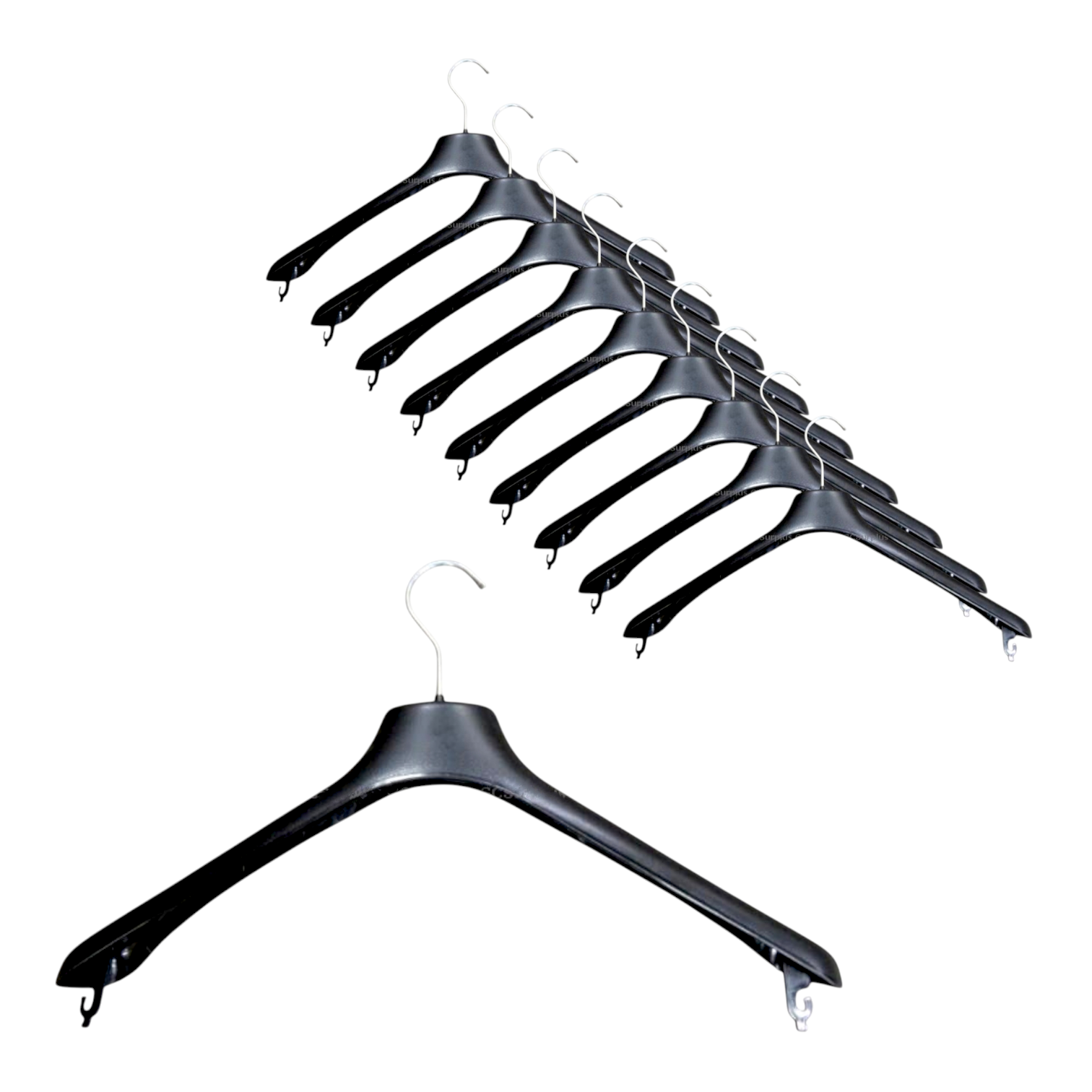 Black plastic concave wide-shouldered jacket hangers with a chrome hook