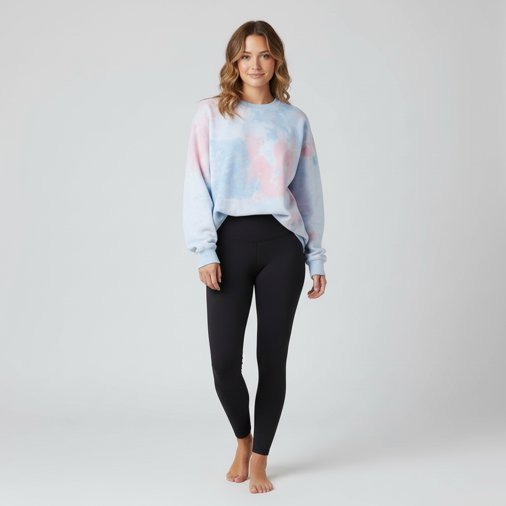Fleece Blended Crewneck Sweatshirt Coral Dream Pink and Blue Tie Dye