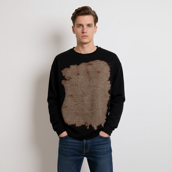 Fleece Bleach Wash Crewneck Sweatshirt Giza Black and Tan Tie Dye 684 DNM845BW