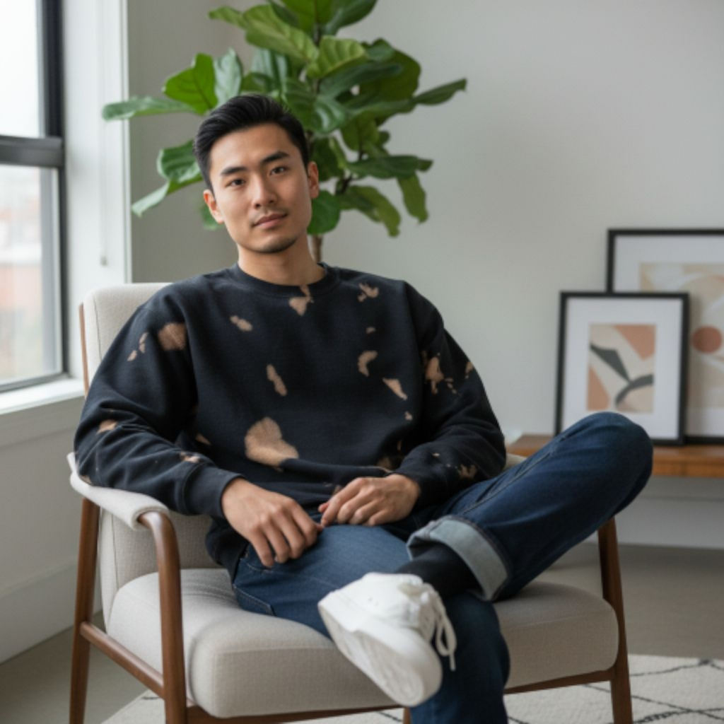 Fleece Bleach Wash Crewneck Sweatshirt Gobi Black and Tan Tie Dye *Limited*