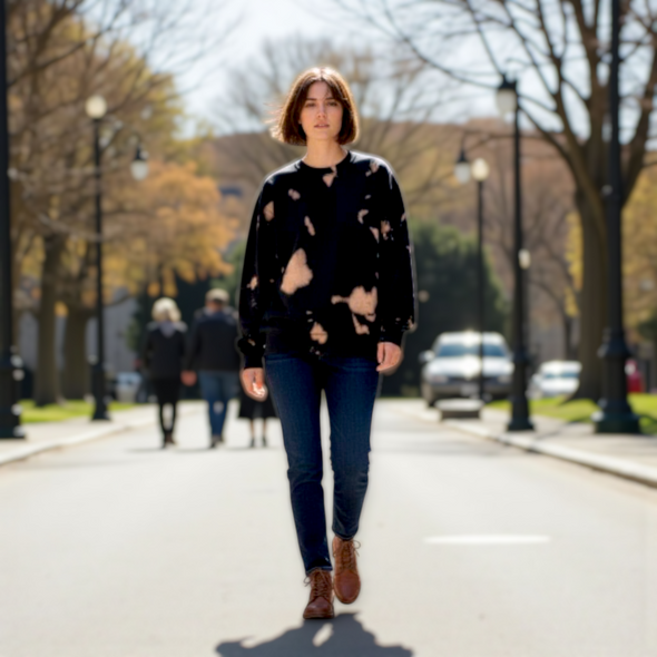 Fleece Bleach Wash Crewneck Sweatshirt Gobi Black and Tan Tie Dye 591 DNM845BW