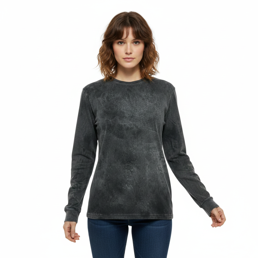 CamoDYED Long Sleeve Cotton Crewneck T-Shirt Black Mineral Wash