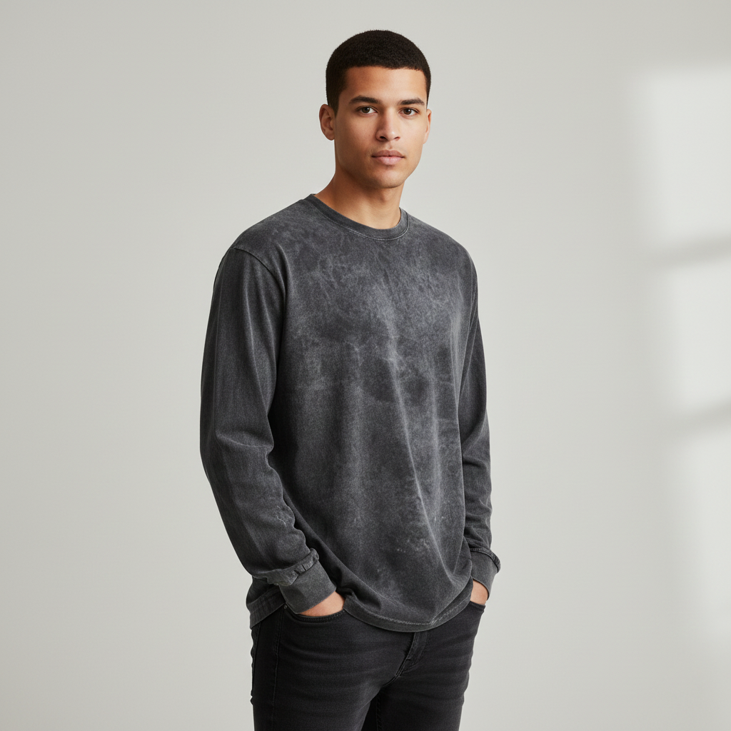 CamoDYED Long Sleeve Cotton Crewneck T-Shirt Black Mineral Wash