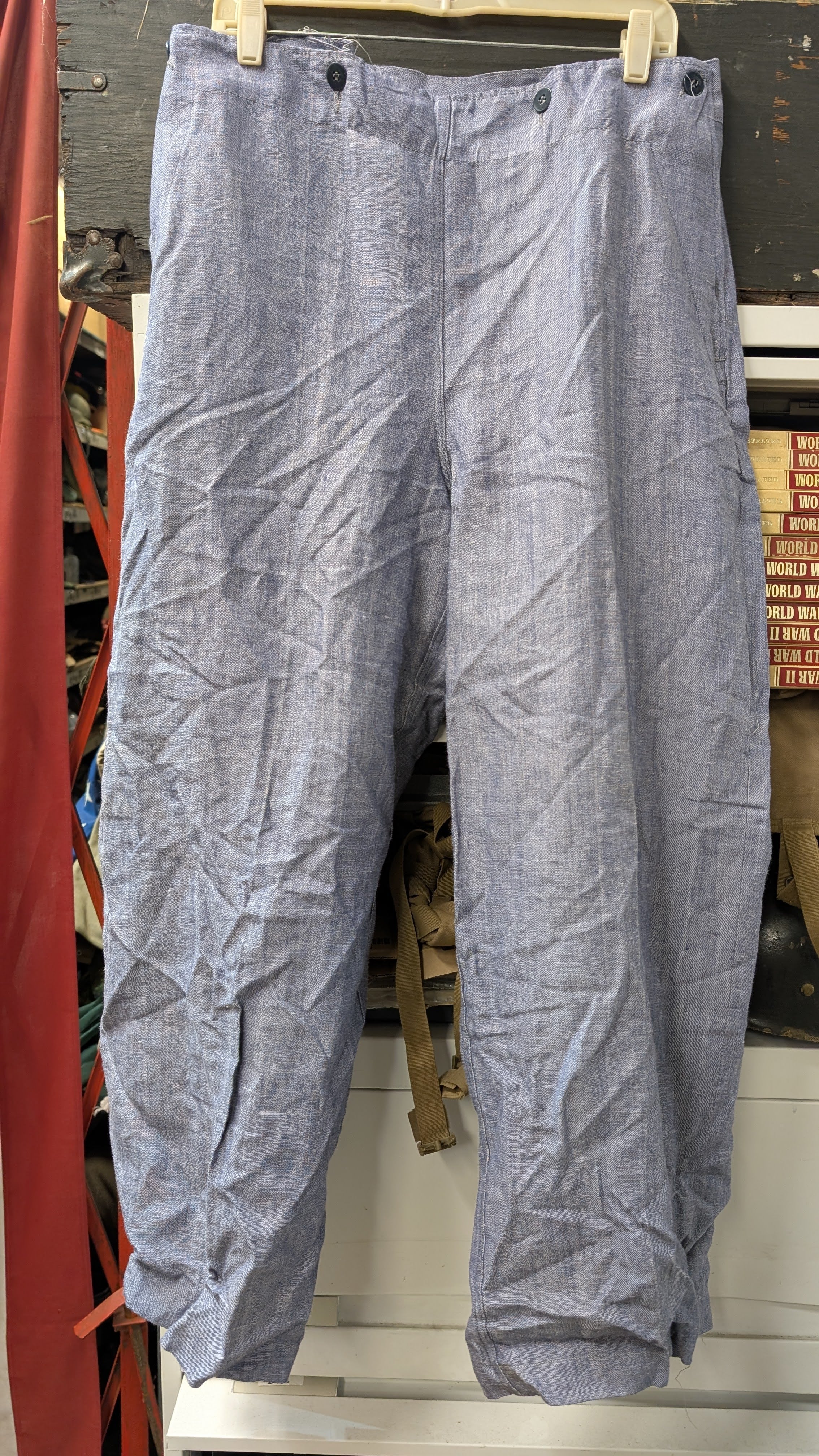 New 60s French Sailor Pants, Ramie Linen *Very Rare and New with Suspenders*