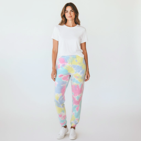 Fleece Dream Sweatpants Joggers Pastel Rainbow Pink, Blue, Purple and Yellow Tie-Dye 529 973VR