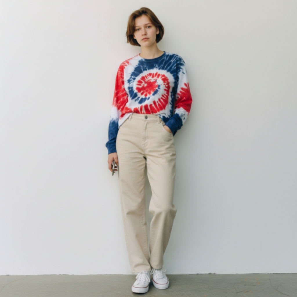 Preshrunk Cotton Americana Tie-Dye Long Sleeve T-Shirt Spiral USA Red White and Blue