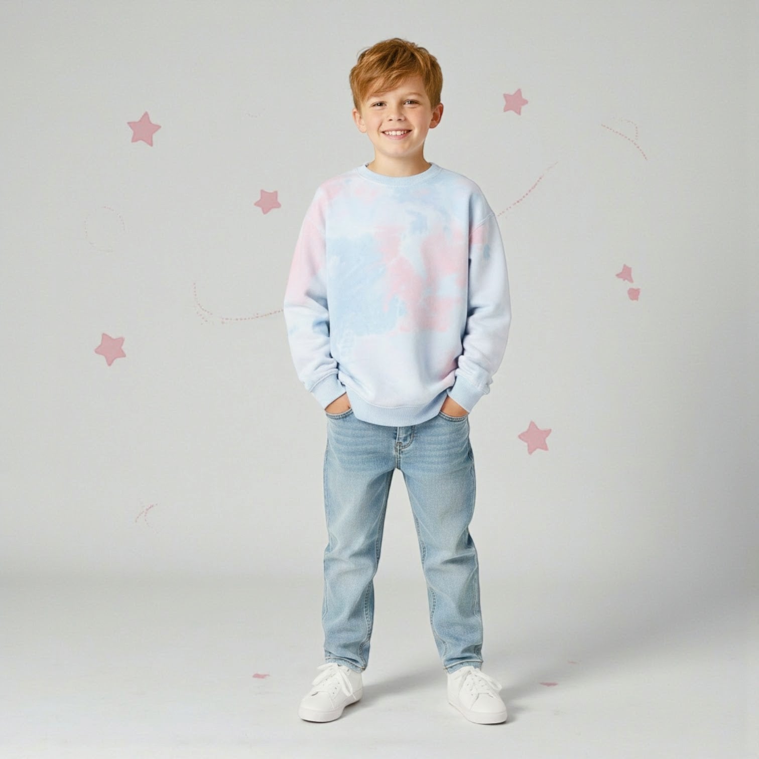 Fleece Blended Crewneck Sweatshirt Coral Dream Pink and Blue Tie Dye