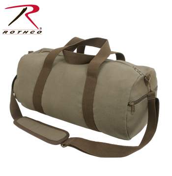 Two-Tone Canvas Shoulder Duffle Bag - Vintage Style Olive with Brown Straps