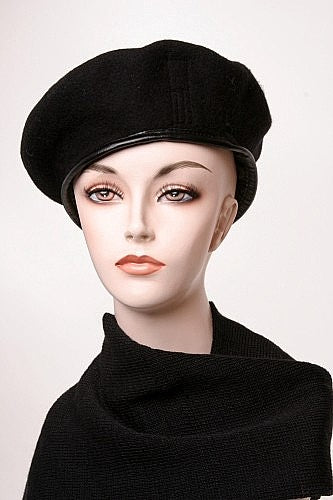 Vintage Wool Beret With Leather Trim