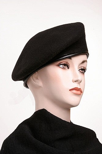 Beret Wool Black with Leather Trim